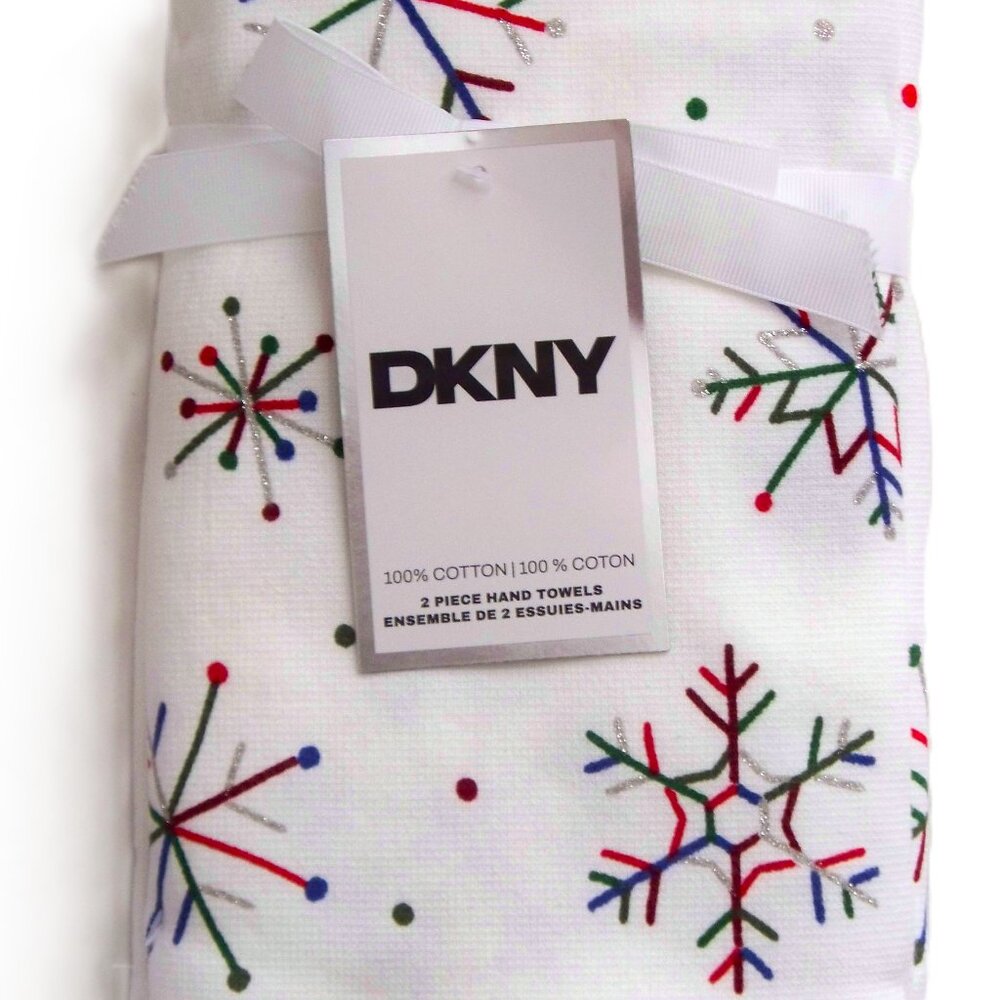 DKNY Set of 2 Hand Towels Christmas Colorful Metallic Snowflake 100% Cotton NWT
